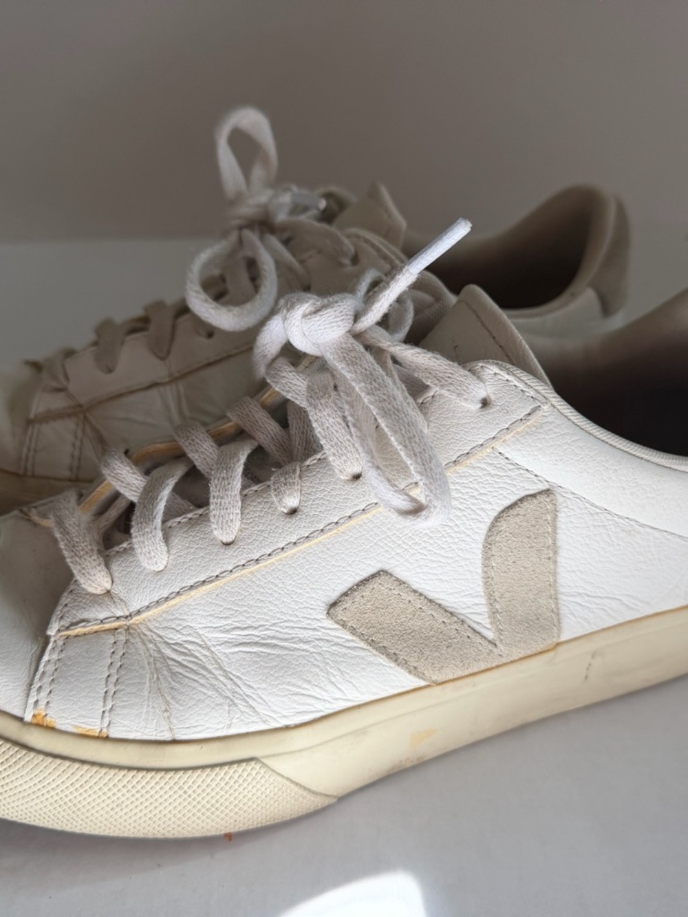 Veja White Leather Sneakers with Beige Suede V